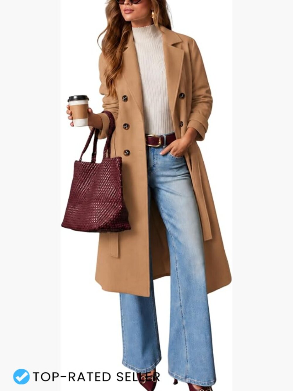 Wool Blend Pea Coat Winter Long Trench Coat Belted Double Breasted Chic